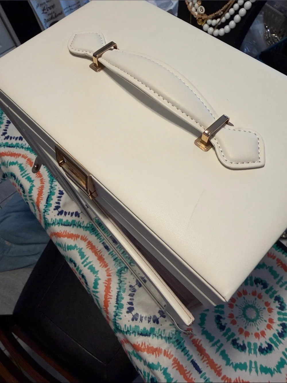 Compact Cream Jewelry Organizer Box w Glass Door 10.5w/7”deep/13”tall like new